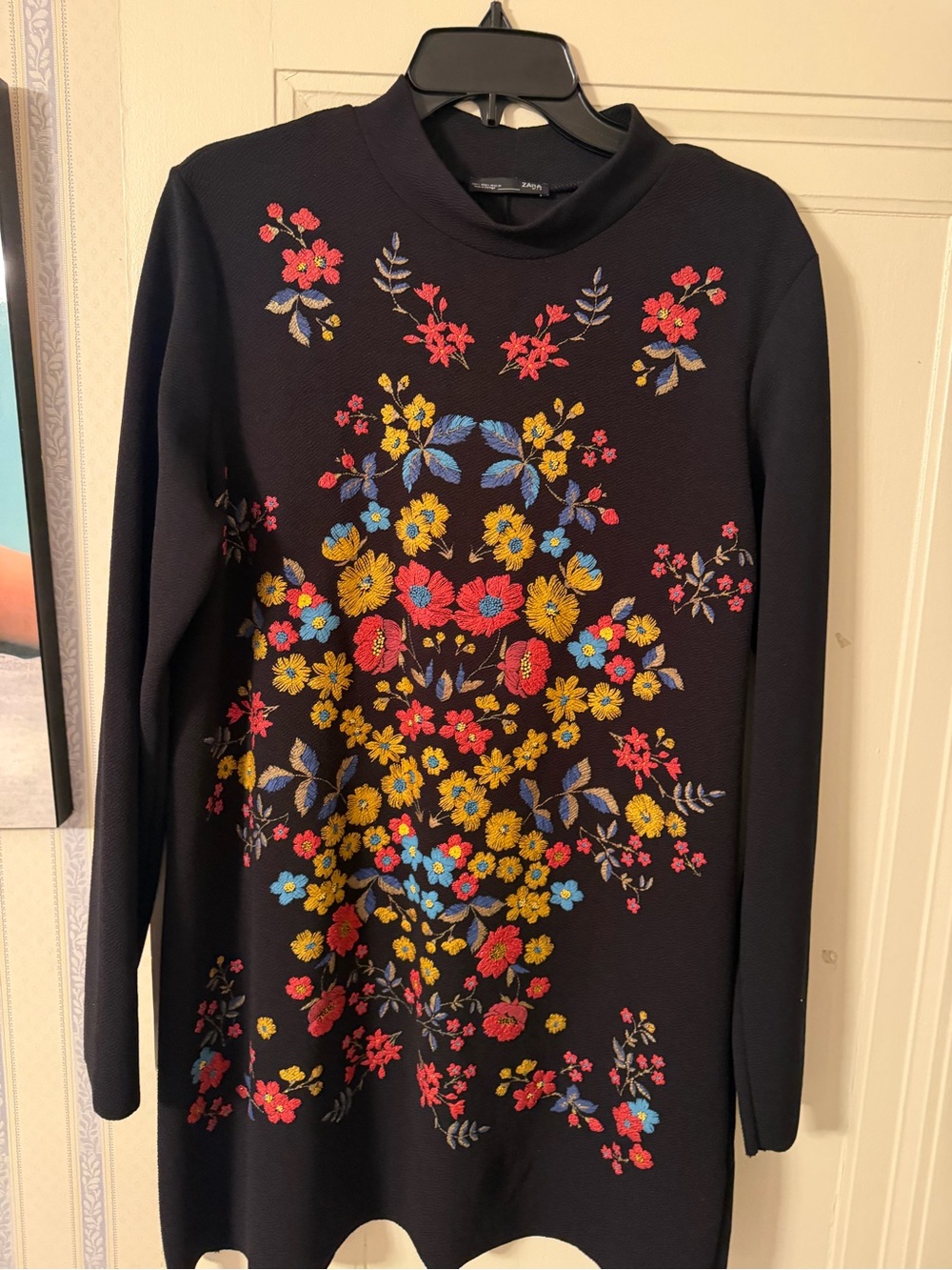 Zara Black Turtleneck Dress with Bright Floral Embroidery